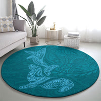 Hawaiian Monk Seal and Whale Round Carpet Kakau Tribal Pattern Teal Color