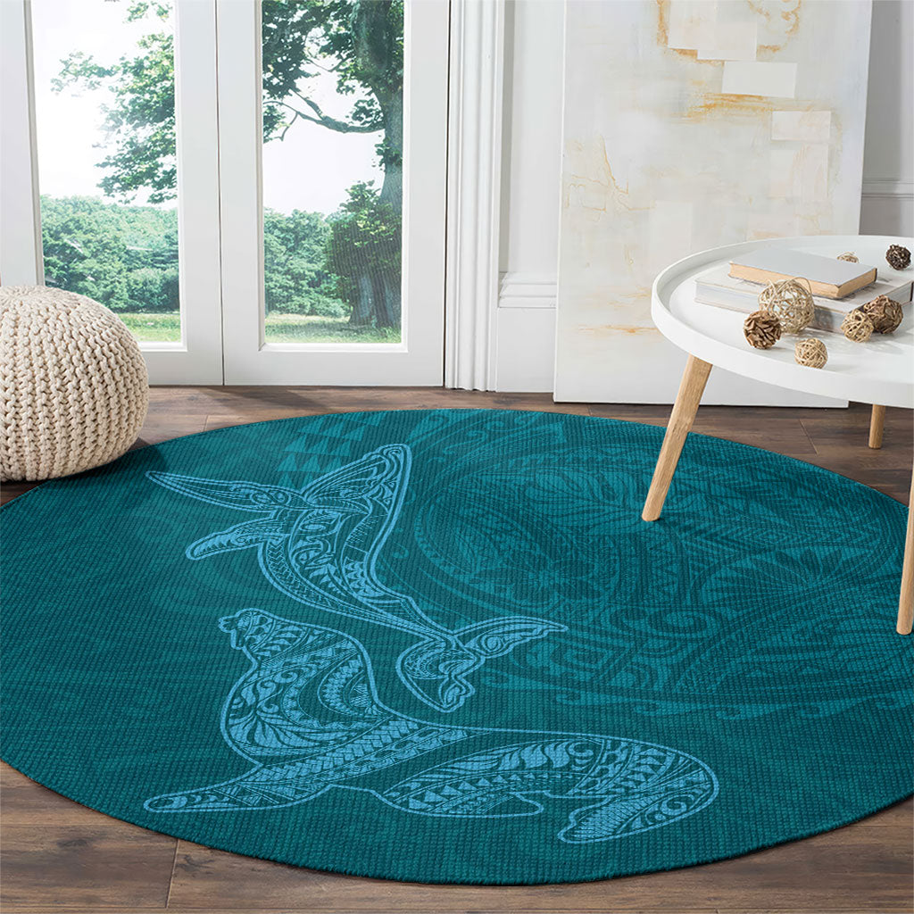 Hawaiian Monk Seal and Whale Round Carpet Kakau Tribal Pattern Teal Color