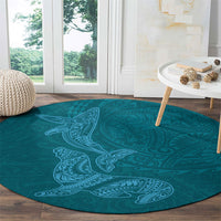 Hawaiian Monk Seal and Whale Round Carpet Kakau Tribal Pattern Teal Color