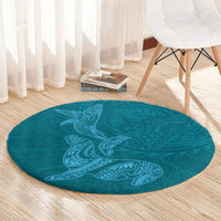 Hawaiian Monk Seal and Whale Round Carpet Kakau Tribal Pattern Teal Color