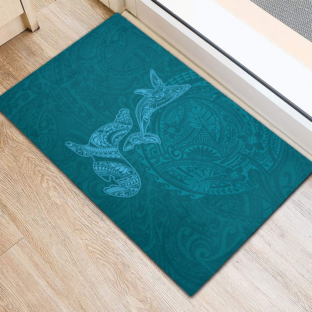 Hawaiian Monk Seal and Whale Rubber Doormat Kakau Tribal Pattern Teal Color LT03 - Polynesian Pride