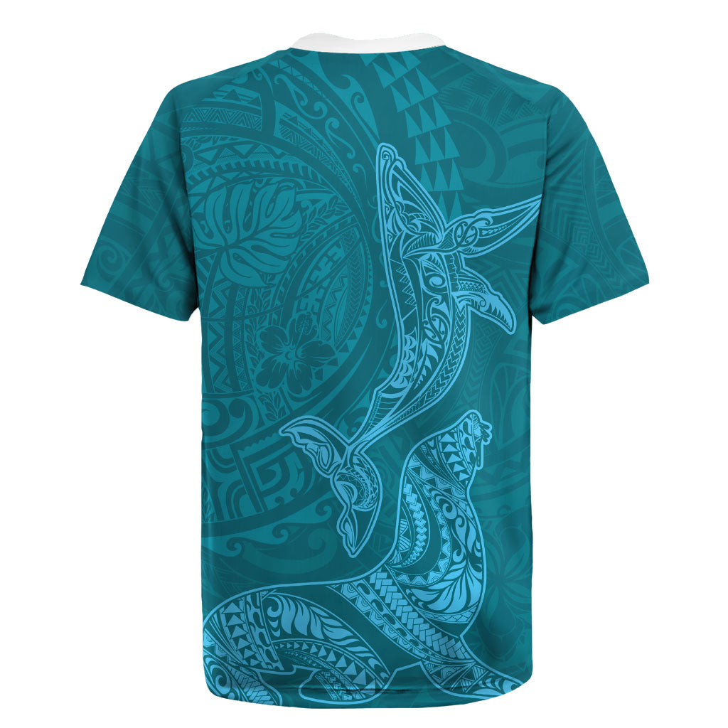 Hawaiian Monk Seal and Whale Rugby Jersey Kakau Tribal Pattern Teal Color LT03 - Polynesian Pride