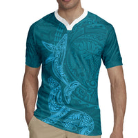 Hawaiian Monk Seal and Whale Rugby Jersey Kakau Tribal Pattern Teal Color LT03 - Polynesian Pride