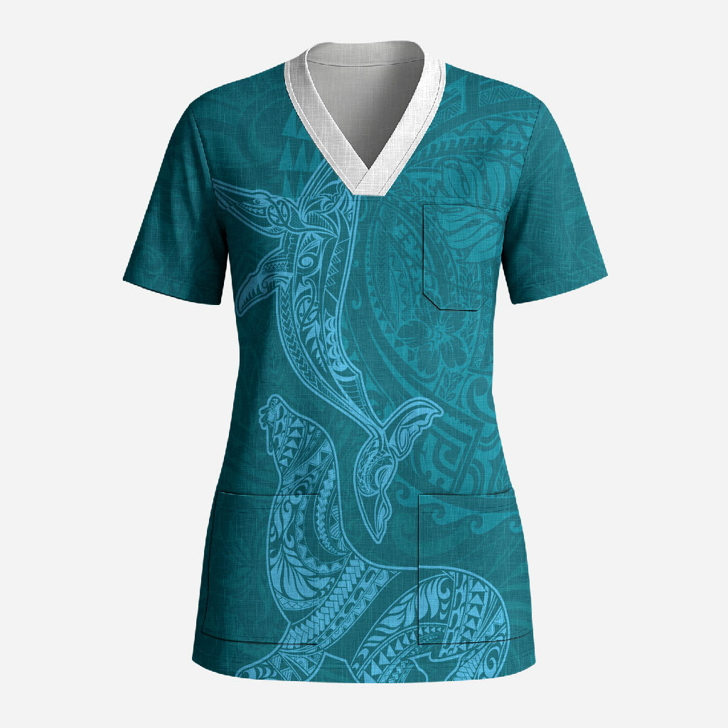 Hawaiian Monk Seal and Whale Scrub Top Kakau Tribal Pattern Teal Color LT03 Adult Teal - Polynesian Pride