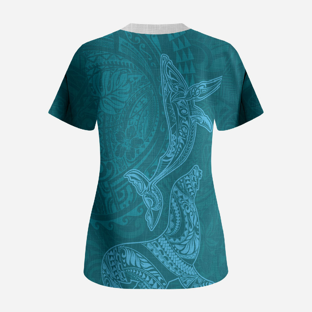 Hawaiian Monk Seal and Whale Scrub Top Kakau Tribal Pattern Teal Color LT03 - Polynesian Pride