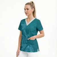 Hawaiian Monk Seal and Whale Scrub Top Kakau Tribal Pattern Teal Color LT03 - Polynesian Pride