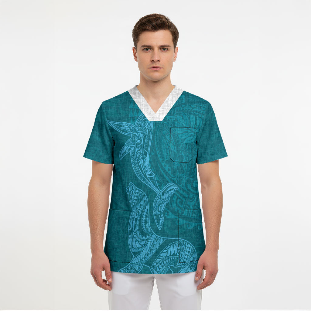 Hawaiian Monk Seal and Whale Scrub Top Kakau Tribal Pattern Teal Color LT03 - Polynesian Pride
