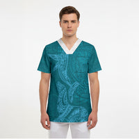Hawaiian Monk Seal and Whale Scrub Top Kakau Tribal Pattern Teal Color LT03 - Polynesian Pride