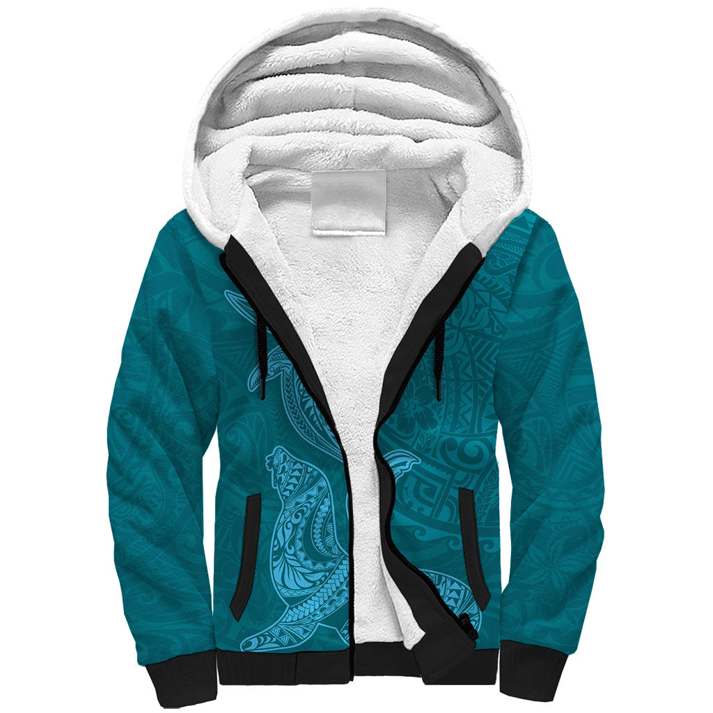 Hawaiian Monk Seal and Whale Sherpa Hoodie Kakau Tribal Pattern Teal Color LT03 Unisex Teal - Polynesian Pride