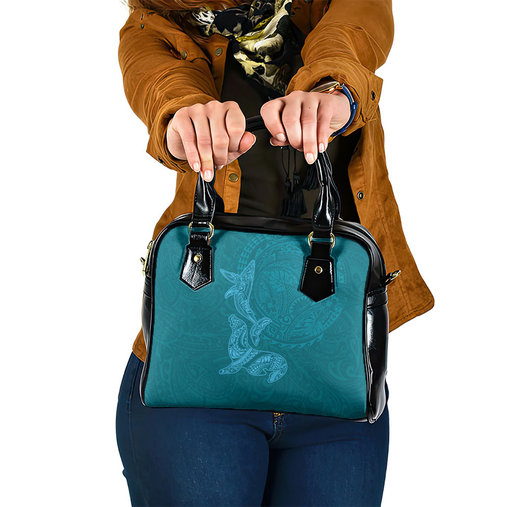 Hawaiian Monk Seal and Whale Shoulder Handbag Kakau Tribal Pattern Teal Color
