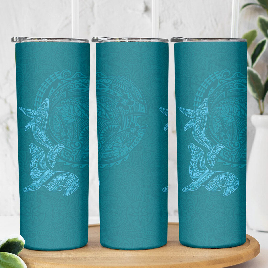 Hawaiian Monk Seal and Whale Skinny Tumbler Kakau Tribal Pattern Teal Color