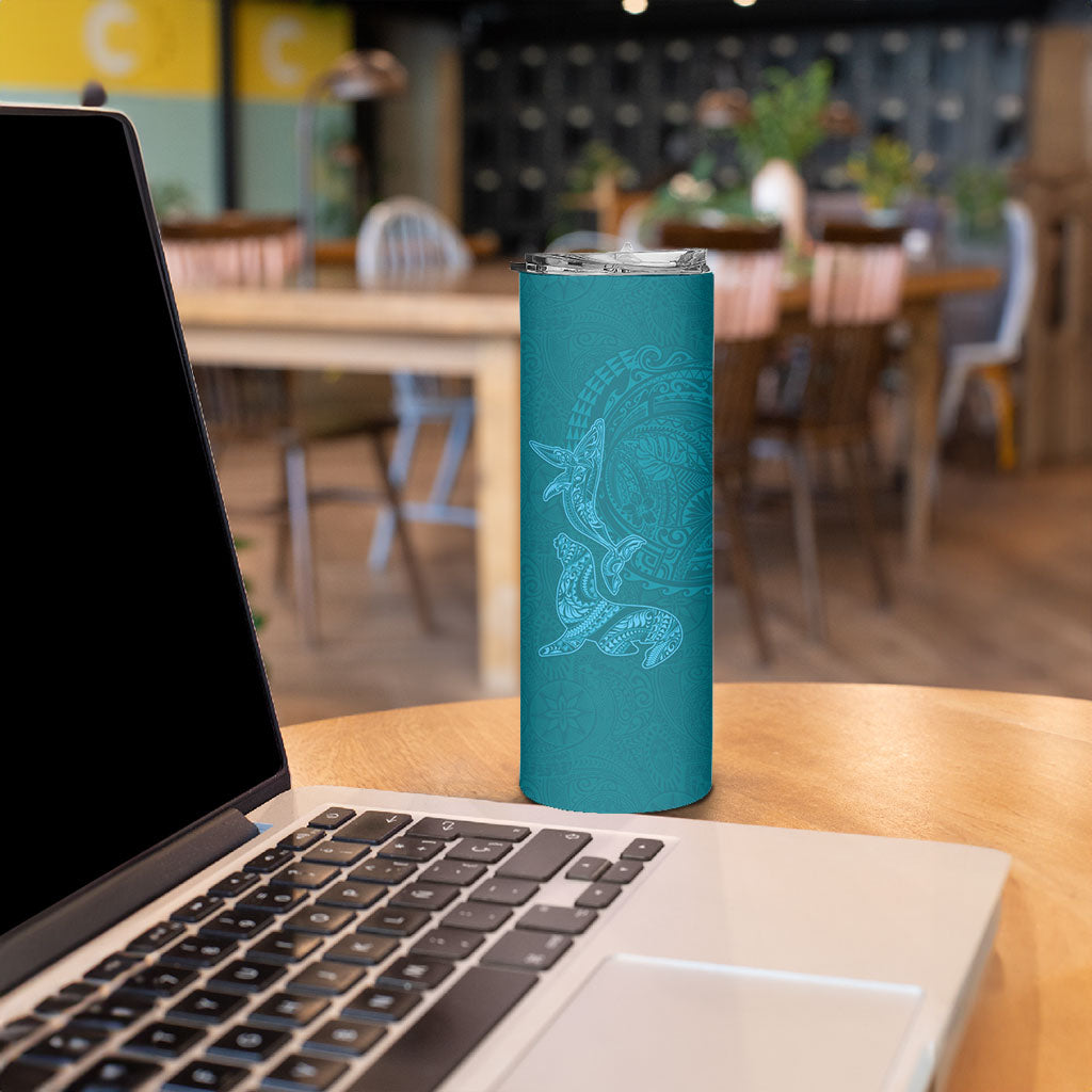 Hawaiian Monk Seal and Whale Skinny Tumbler Kakau Tribal Pattern Teal Color
