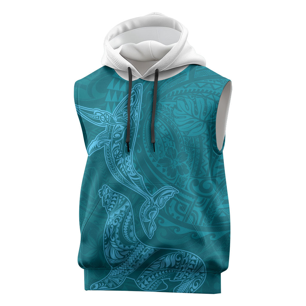 Hawaiian Monk Seal and Whale Sleeveless Hoodie Kakau Tribal Pattern Teal Color LT03 Teal - Polynesian Pride