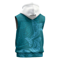 Hawaiian Monk Seal and Whale Sleeveless Hoodie Kakau Tribal Pattern Teal Color
