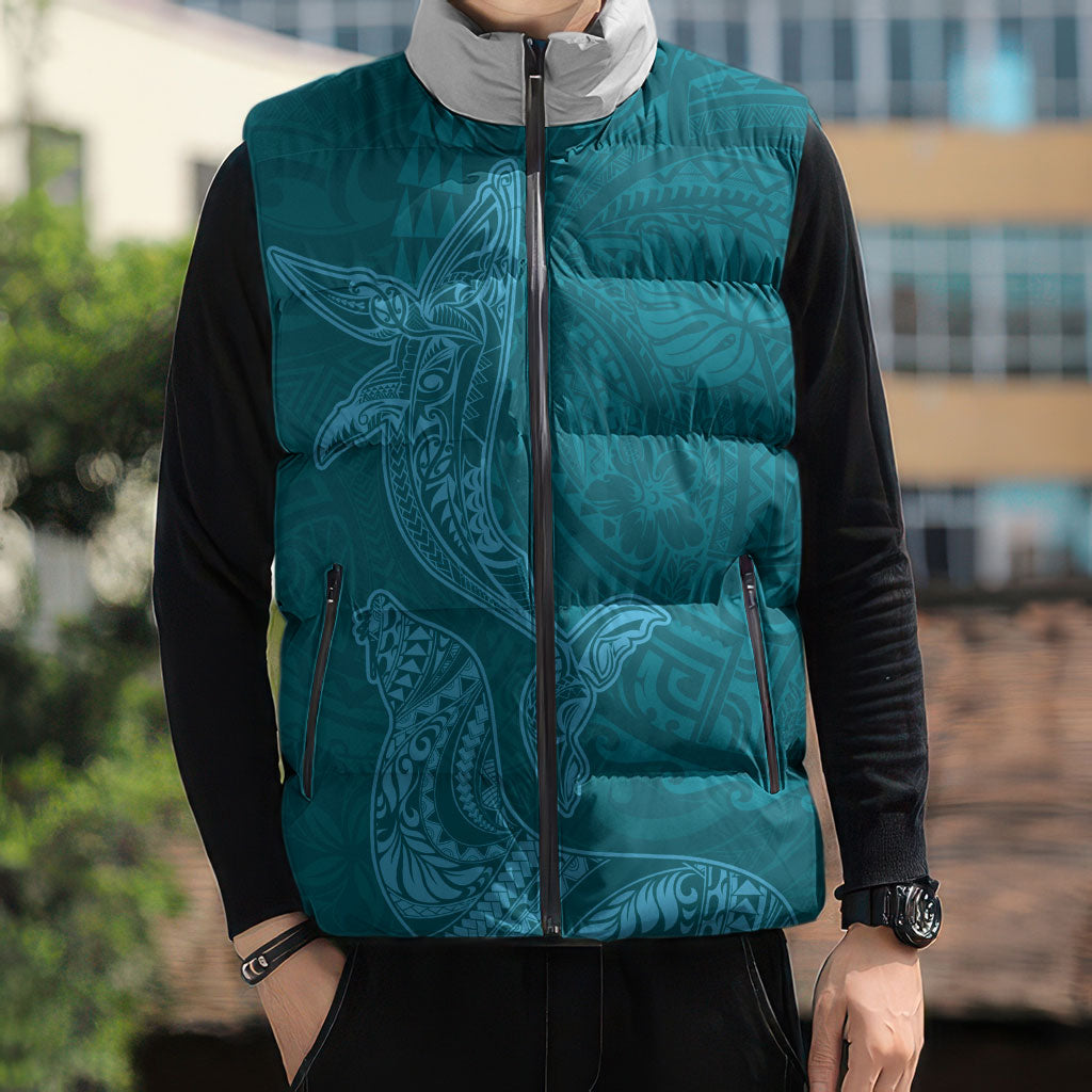 Hawaiian Monk Seal and Whale Sleeveless Puffer Jacket Kakau Tribal Pattern Teal Color LT03 - Polynesian Pride