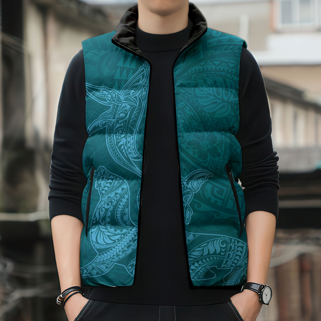 Hawaiian Monk Seal and Whale Sleeveless Puffer Jacket Kakau Tribal Pattern Teal Color LT03 - Polynesian Pride