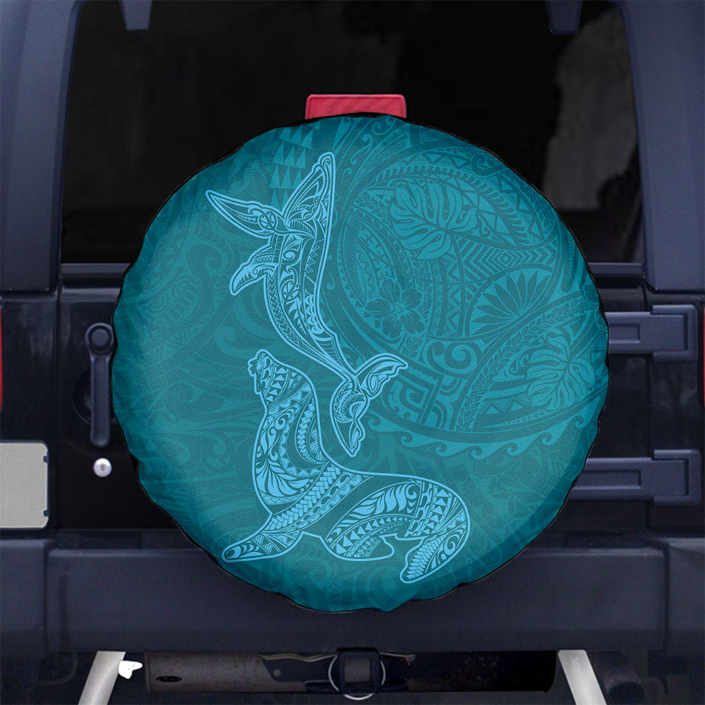 Hawaiian Monk Seal and Whale Spare Tire Cover Kakau Tribal Pattern Teal Color LT03 No hole Teal - Polynesian Pride
