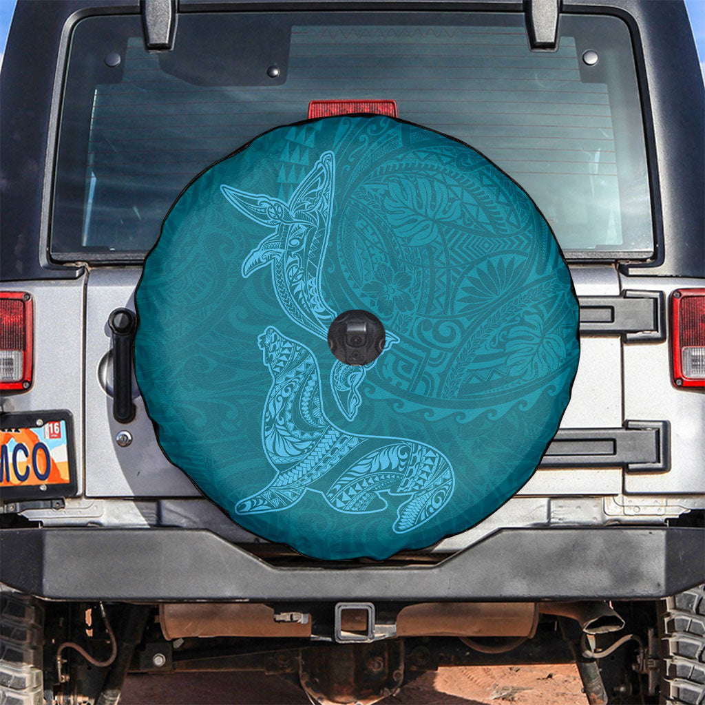 Hawaiian Monk Seal and Whale Spare Tire Cover Kakau Tribal Pattern Teal Color LT03 Teal - Polynesian Pride