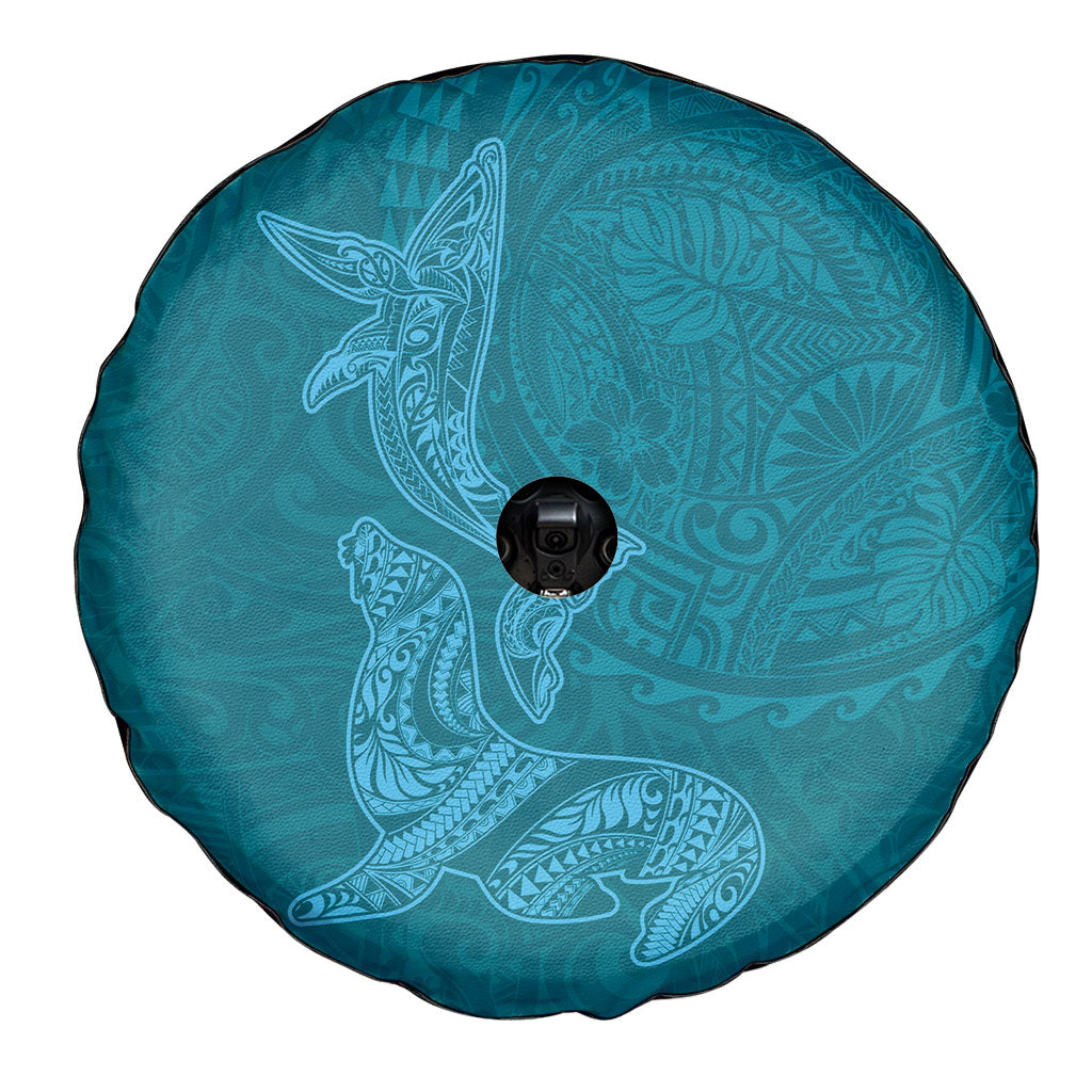Hawaiian Monk Seal and Whale Spare Tire Cover Kakau Tribal Pattern Teal Color LT03 - Polynesian Pride
