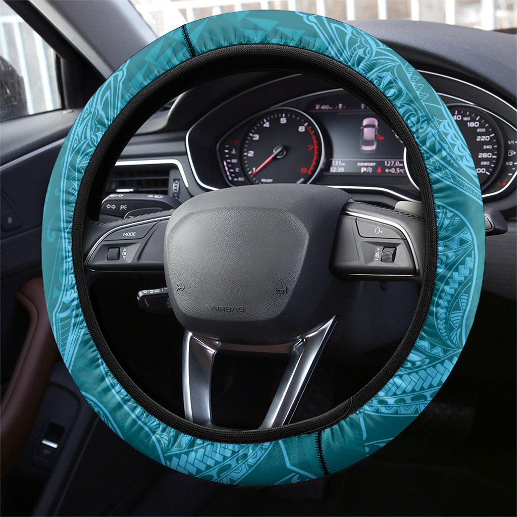 Hawaiian Monk Seal and Whale Steering Wheel Cover Kakau Tribal Pattern Teal Color