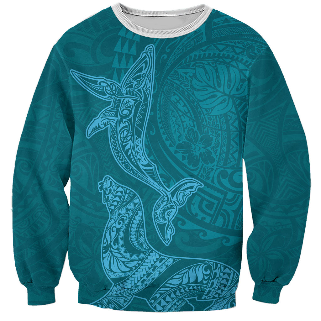 Hawaiian Monk Seal and Whale Sweatshirt Kakau Tribal Pattern Teal Color LT03 Unisex Teal - Polynesian Pride