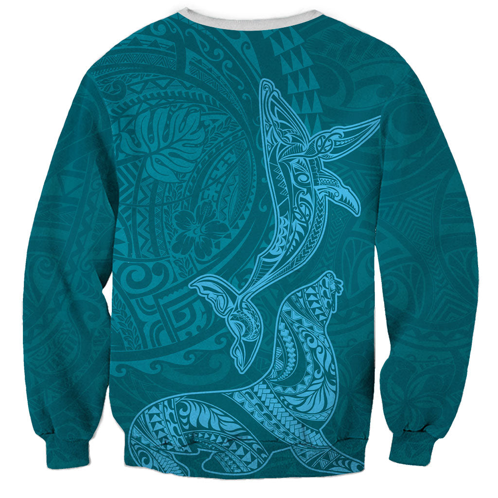 Hawaiian Monk Seal and Whale Sweatshirt Kakau Tribal Pattern Teal Color LT03 - Polynesian Pride
