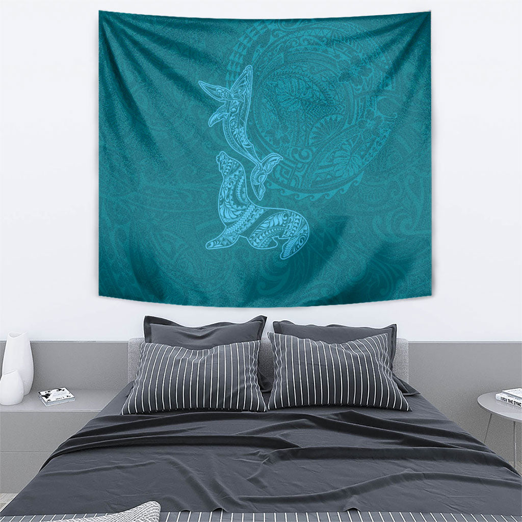 Hawaiian Monk Seal and Whale Tapestry Kakau Tribal Pattern Teal Color LT03 - Polynesian Pride