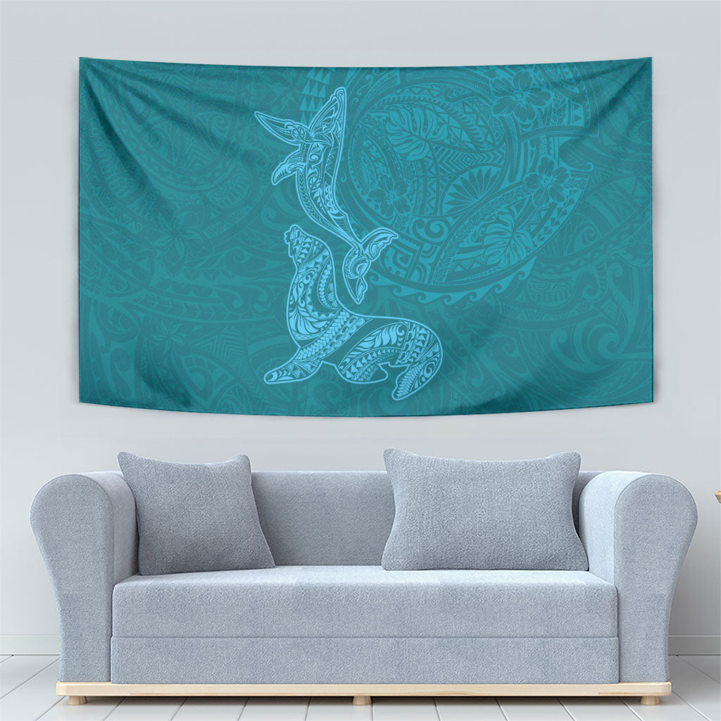 Hawaiian Monk Seal and Whale Tapestry Kakau Tribal Pattern Teal Color LT03 - Polynesian Pride