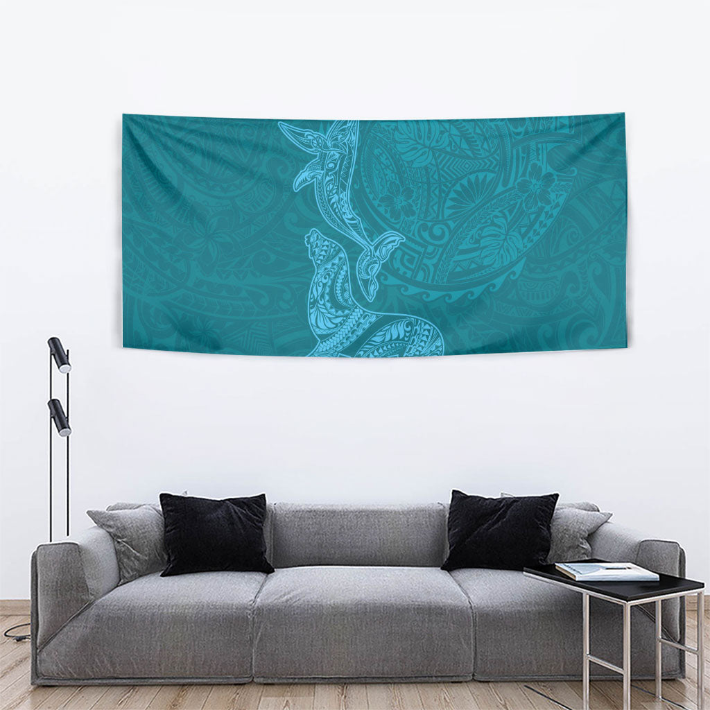Hawaiian Monk Seal and Whale Tapestry Kakau Tribal Pattern Teal Color LT03 - Polynesian Pride