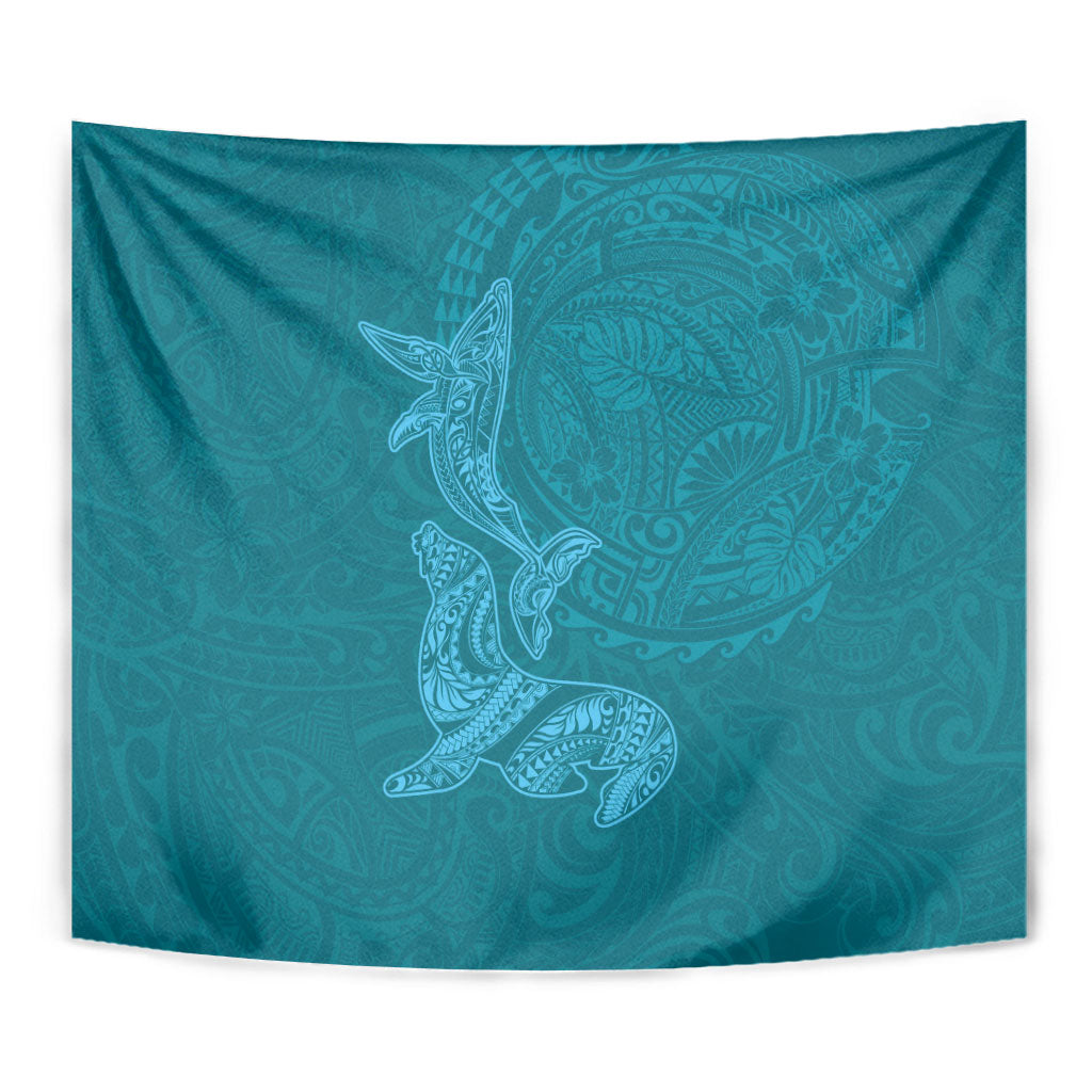 Hawaiian Monk Seal and Whale Tapestry Kakau Tribal Pattern Teal Color LT03 - Polynesian Pride