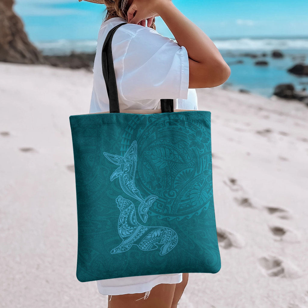 Hawaiian Monk Seal and Whale Tote Bag Kakau Tribal Pattern Teal Color LT03 - Polynesian Pride