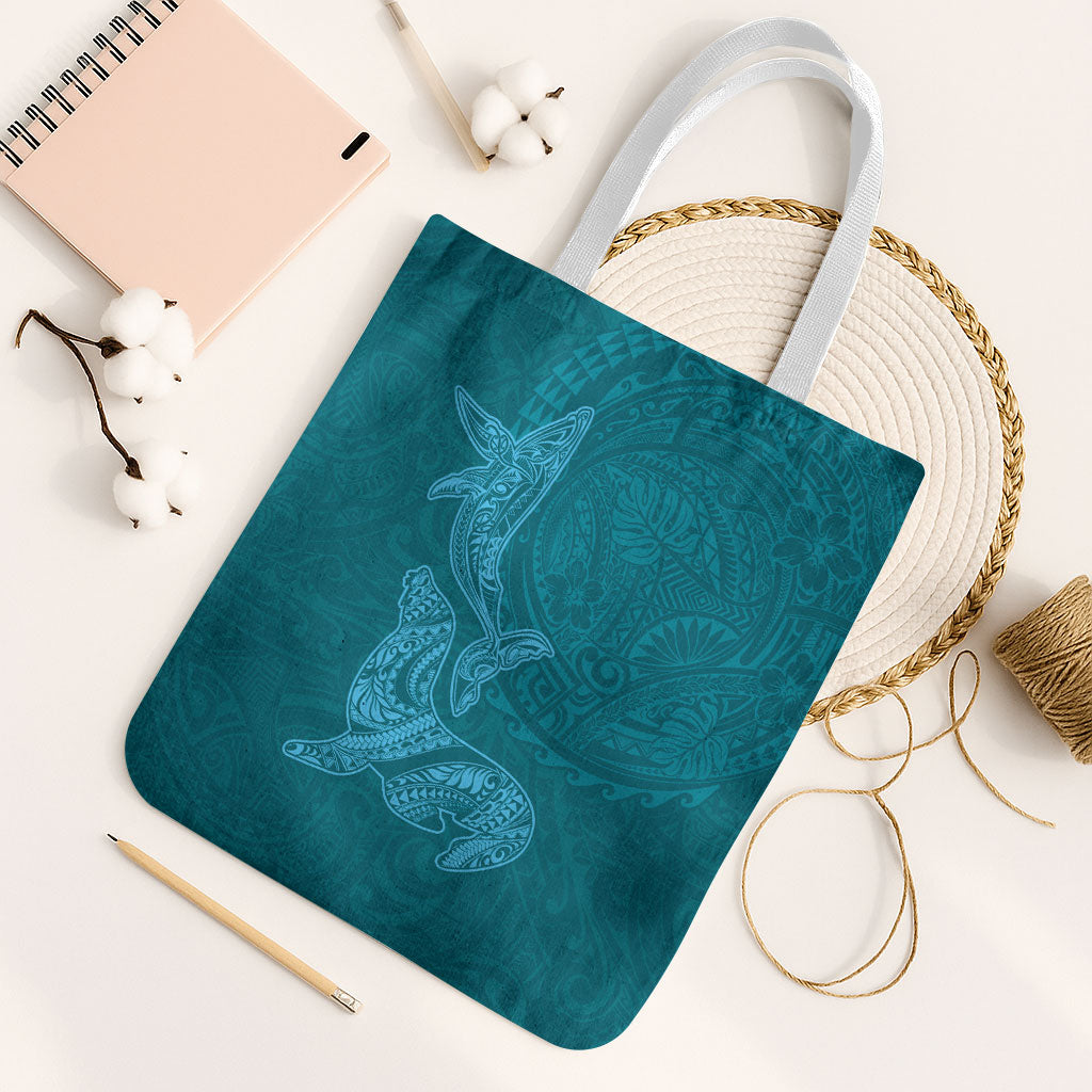 Hawaiian Monk Seal and Whale Tote Bag Kakau Tribal Pattern Teal Color LT03 White Strap One Size Teal - Polynesian Pride