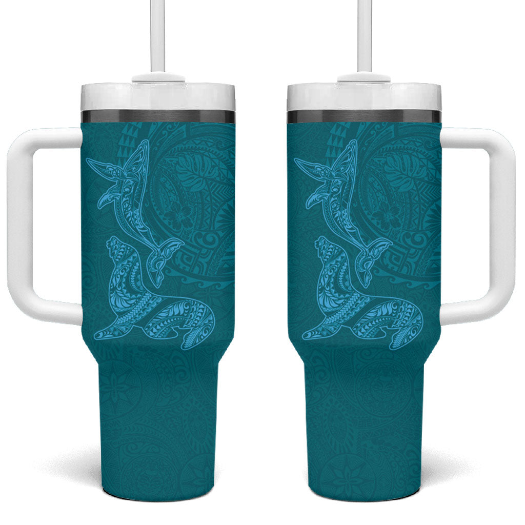 Hawaiian Monk Seal and Whale Tumbler With Handle Kakau Tribal Pattern Teal Color LT03 One Size: 40 oz Teal - Polynesian Pride