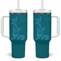 Hawaiian Monk Seal and Whale Tumbler With Handle Kakau Tribal Pattern Teal Color