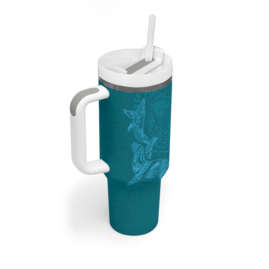 Hawaiian Monk Seal and Whale Tumbler With Handle Kakau Tribal Pattern Teal Color