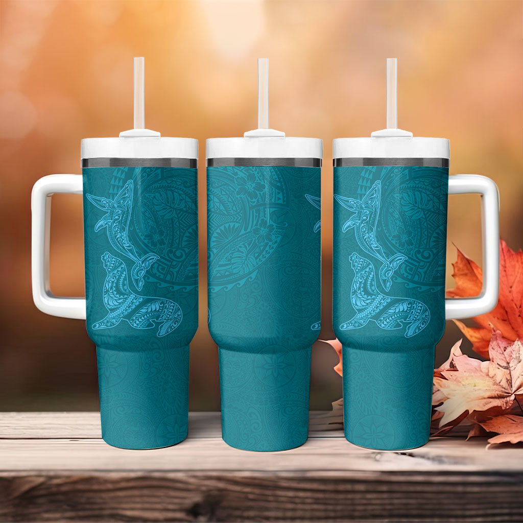 Hawaiian Monk Seal and Whale Tumbler With Handle Kakau Tribal Pattern Teal Color