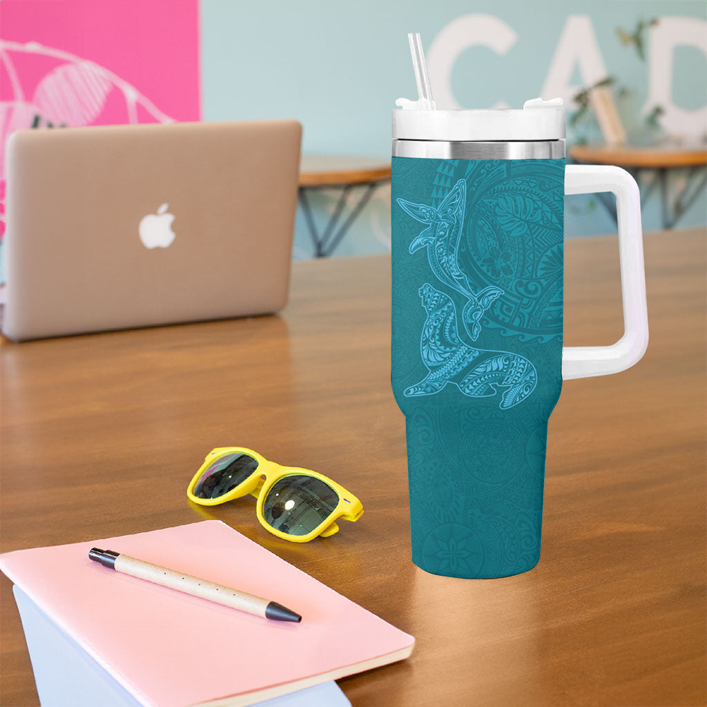 Hawaiian Monk Seal and Whale Tumbler With Handle Kakau Tribal Pattern Teal Color