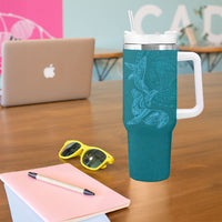 Hawaiian Monk Seal and Whale Tumbler With Handle Kakau Tribal Pattern Teal Color