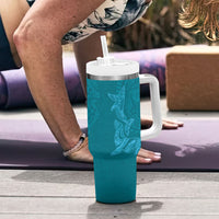 Hawaiian Monk Seal and Whale Tumbler With Handle Kakau Tribal Pattern Teal Color
