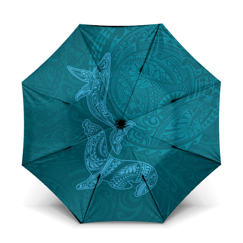 Hawaiian Monk Seal and Whale Umbrella Kakau Tribal Pattern Teal Color LT03 One Size Folded 11.42 inch Opened Diameter 37.4 inch Teal - Polynesian Pride