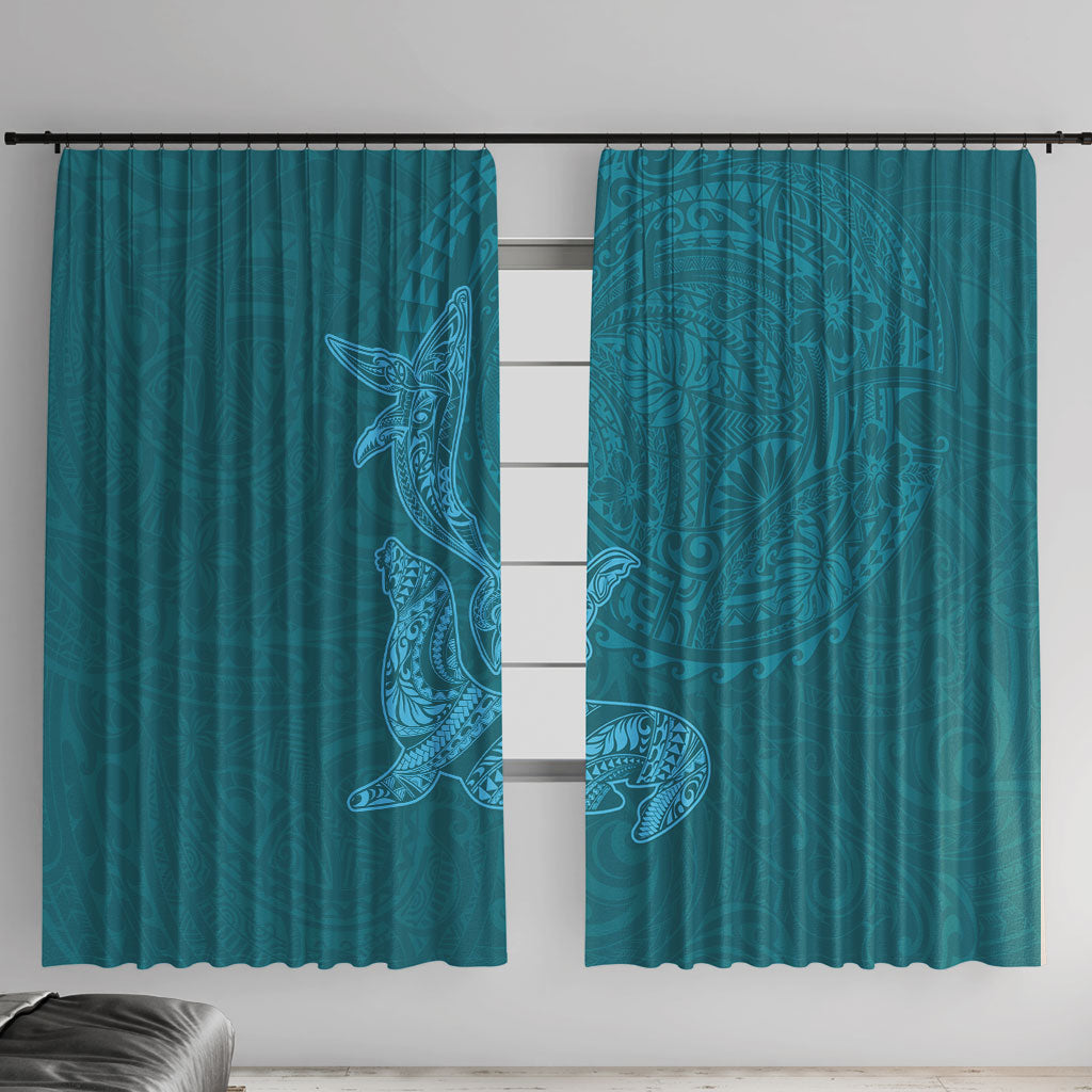 Hawaiian Monk Seal and Whale Window Curtain Kakau Tribal Pattern Teal Color LT03 With Hooks Teal - Polynesian Pride