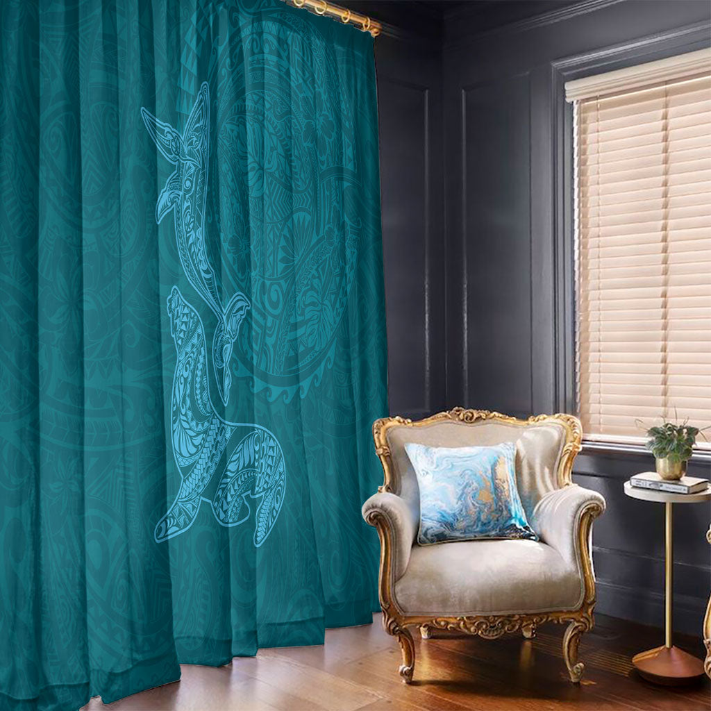 Hawaiian Monk Seal and Whale Window Curtain Kakau Tribal Pattern Teal Color LT03 - Polynesian Pride