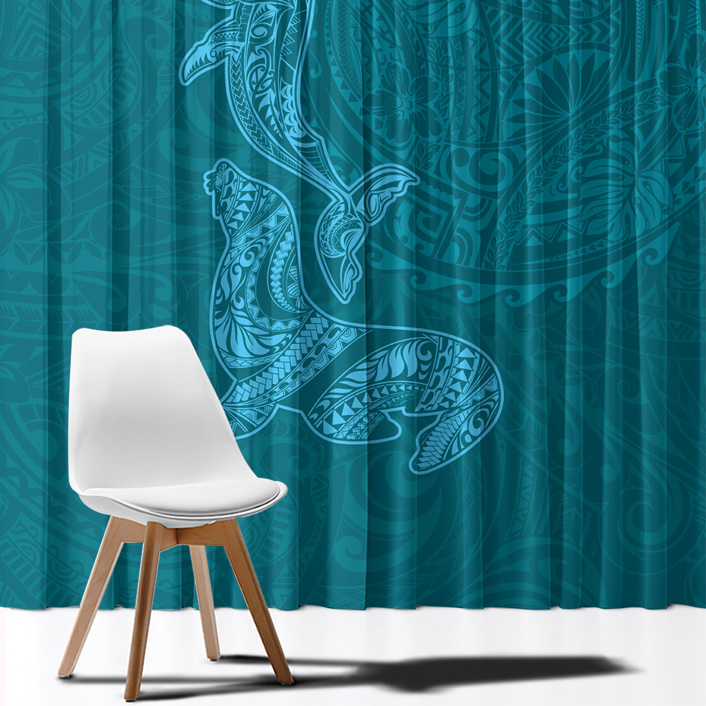 Hawaiian Monk Seal and Whale Window Curtain Kakau Tribal Pattern Teal Color LT03 - Polynesian Pride