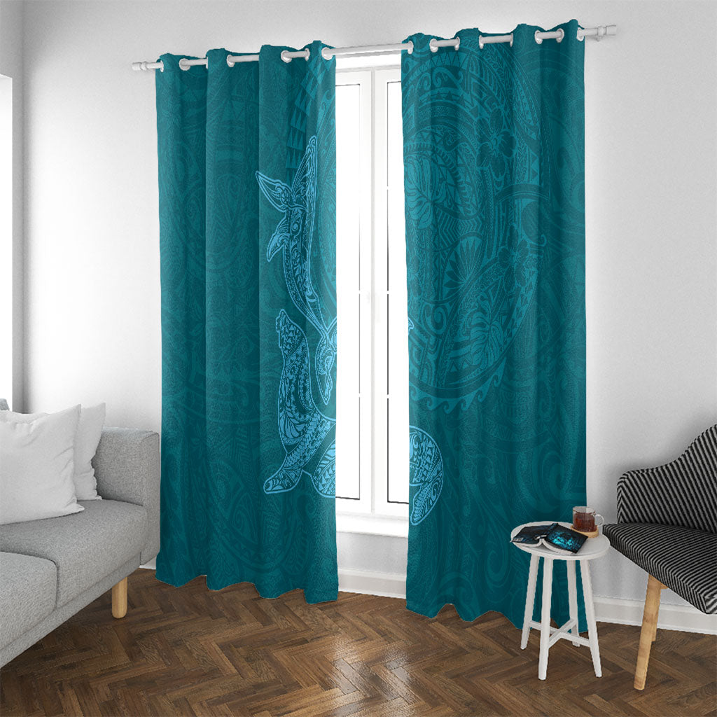 Hawaiian Monk Seal and Whale Window Curtain Kakau Tribal Pattern Teal Color LT03 With Grommets Teal - Polynesian Pride