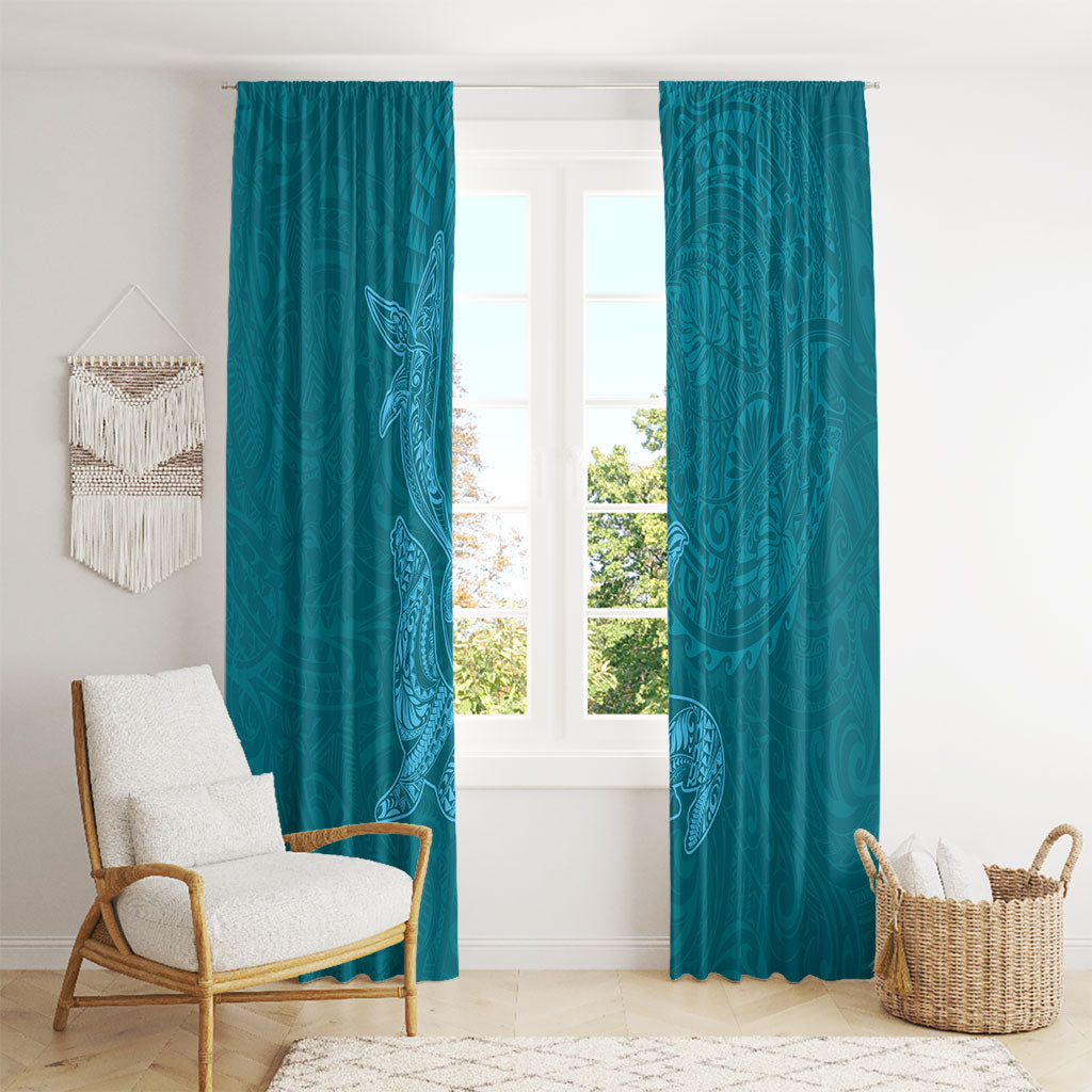 Hawaiian Monk Seal and Whale Window Curtain Kakau Tribal Pattern Teal Color LT03 - Polynesian Pride