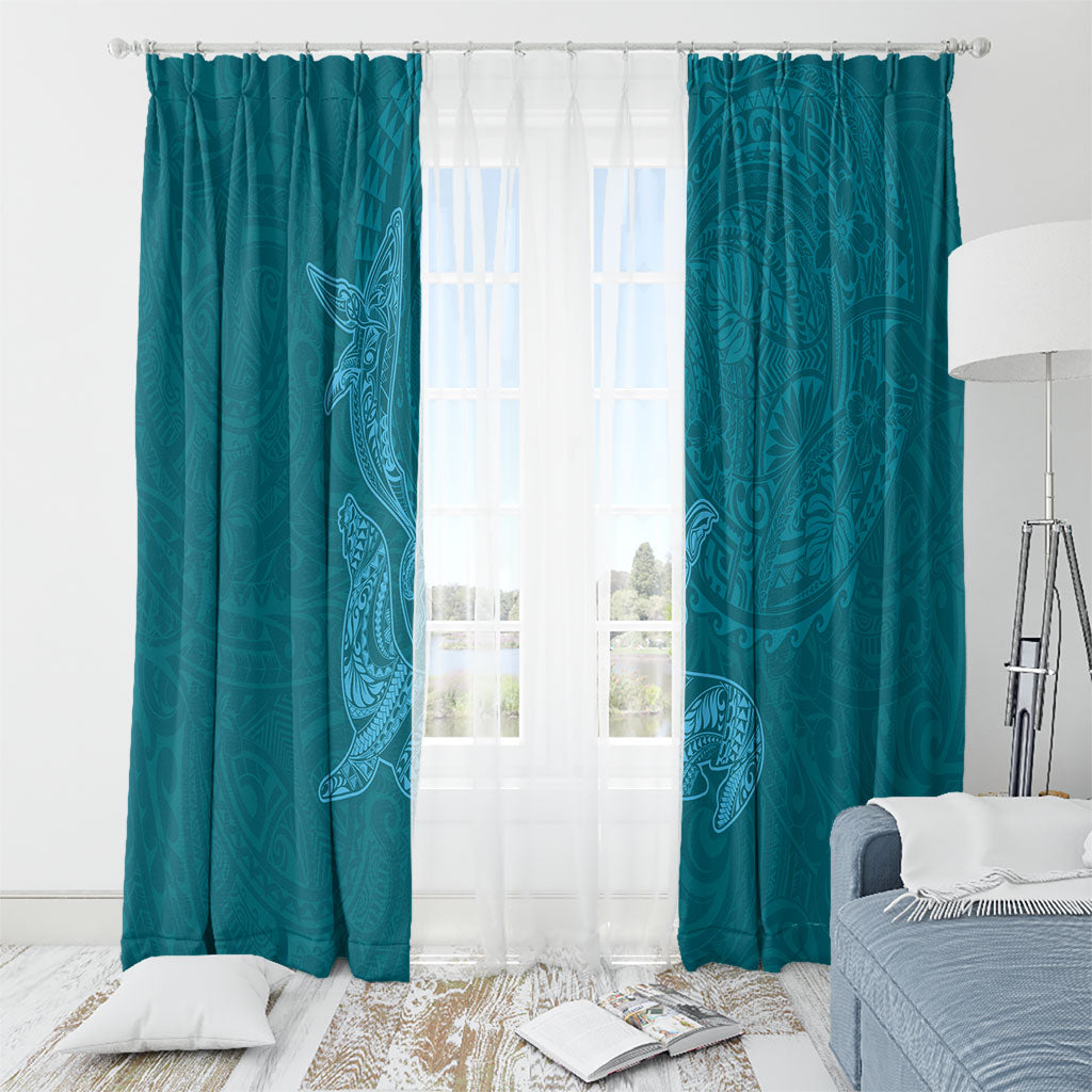 Hawaiian Monk Seal and Whale Window Curtain Kakau Tribal Pattern Teal Color LT03 - Polynesian Pride