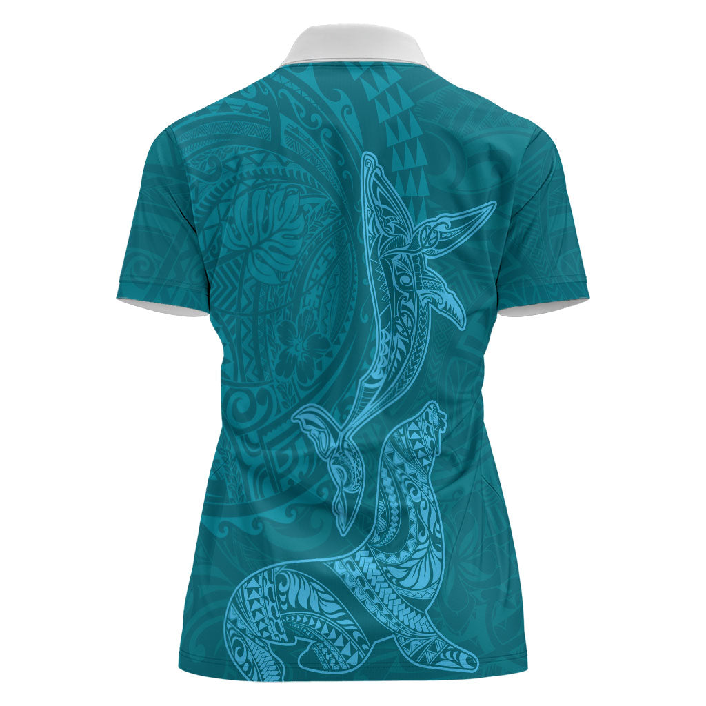 Hawaiian Monk Seal and Whale Women Polo Shirt Kakau Tribal Pattern Teal Color LT03 - Polynesian Pride
