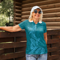 Hawaiian Monk Seal and Whale Women Polo Shirt Kakau Tribal Pattern Teal Color LT03 - Polynesian Pride