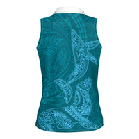 Hawaiian Monk Seal and Whale Women Sleeveless Polo Shirt Kakau Tribal Pattern Teal Color