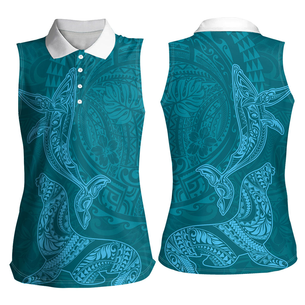 Hawaiian Monk Seal and Whale Women Sleeveless Polo Shirt Kakau Tribal Pattern Teal Color